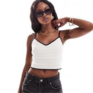 Abercrombie & Fitch White Knit V-Neck Cropped Cami with Black Trim